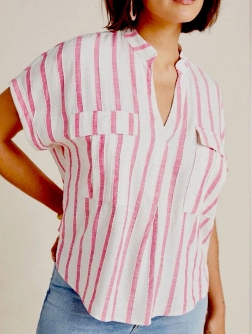 Maeve Anthropologie Amira Utility Blouse Pink and White Stripes Size Medium